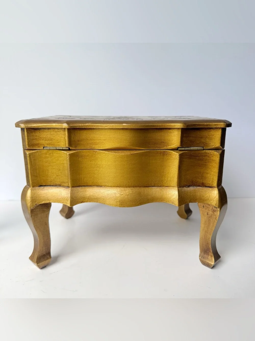 Vintage Italian Florentine Gilt Gold Wooden Hinged Chest Musical Jewelry Box